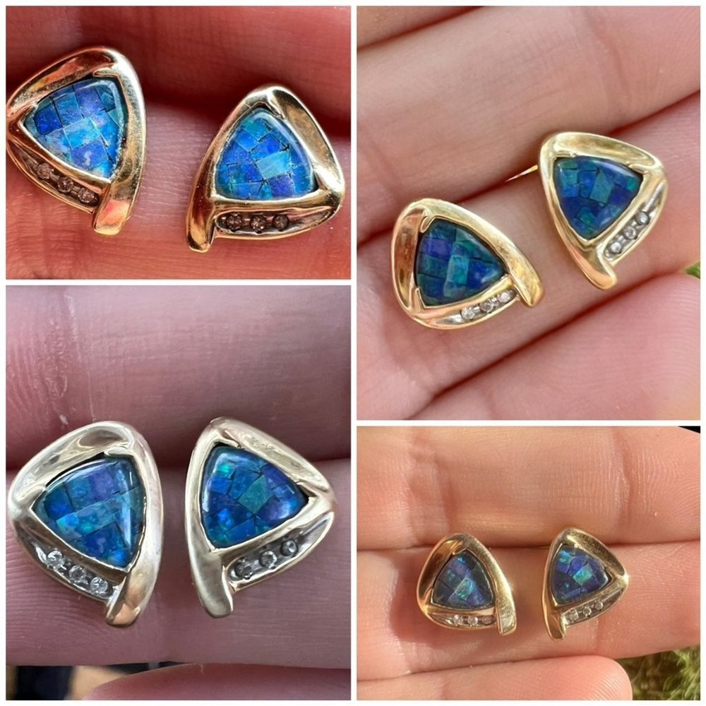 Vintage solid 10k gold opal/genuine diamond earrings